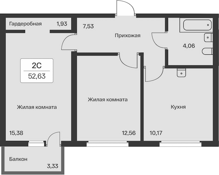 2-комнатная квартира 52.63 м², 9/12 эт., ЖК «Расцветай в Янино»